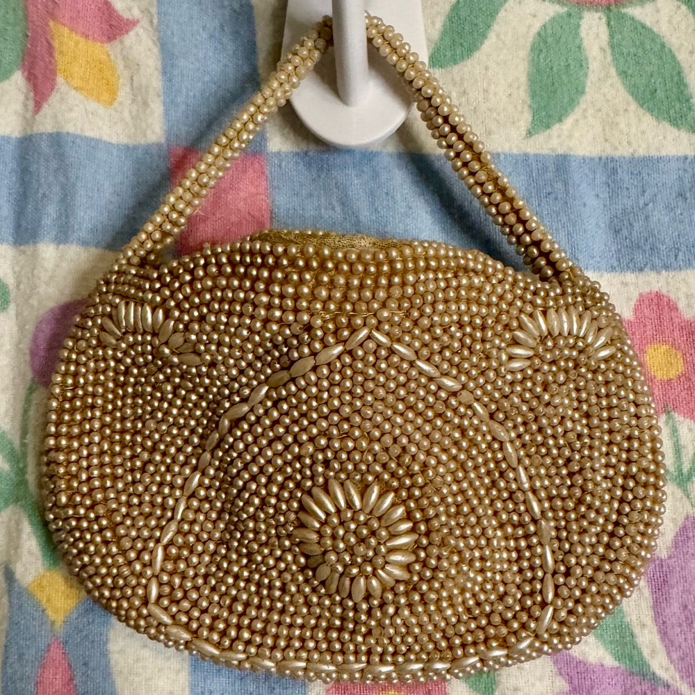 Vintage Gold Beaded Mini Zipper Wristlet Clutch With Strap